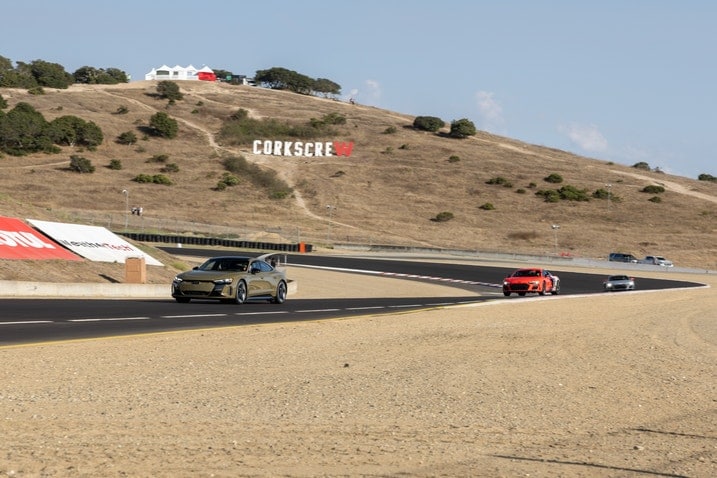 2023 Audi R8 and e-tron GT at Laguna Seca front