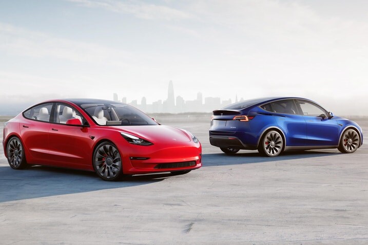 Tesla Model 3 and Model Y exterior group shot
