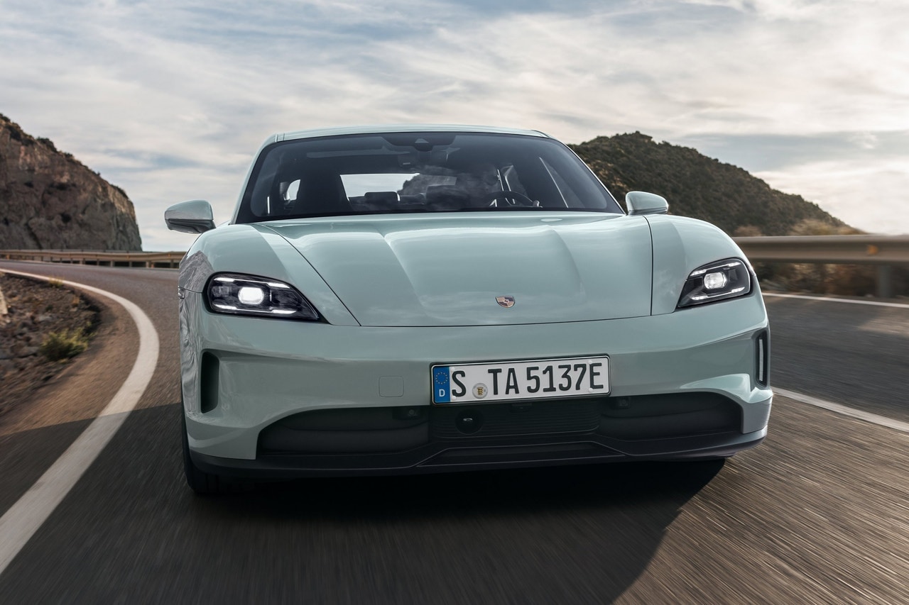 2025 Porsche Taycan front on the road