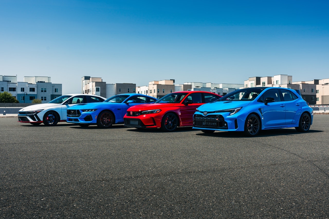 Hyundai Elantra N, Ford Mustang GT, Honda Civic Type R and Toyota GR Corolla hero shot
