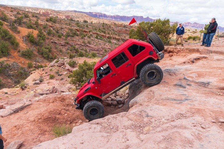 Down the Slide, an 8-foot drop on the Steel Bender trail in Moab