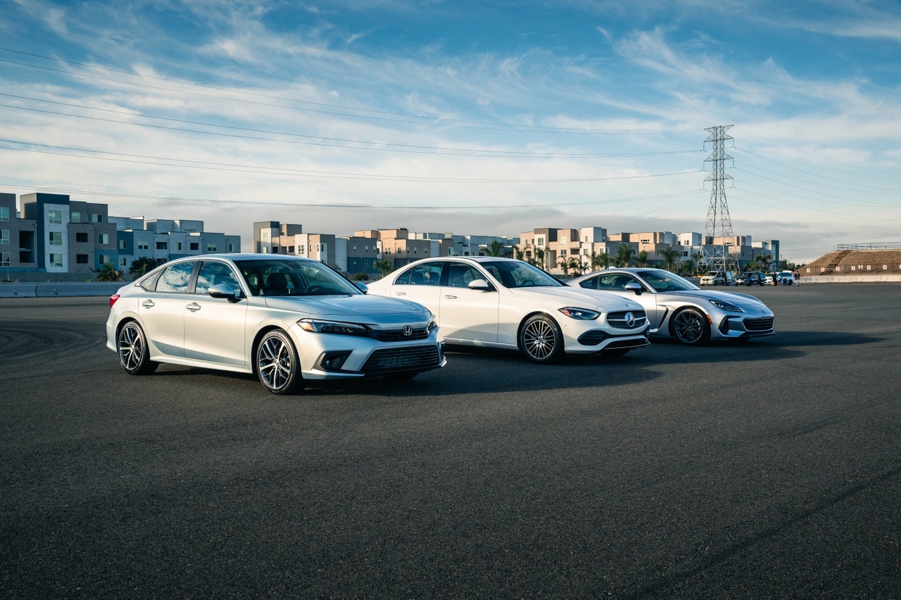 2023 Honda Civic, 2023 Mercedes C-Class, 2023 Subaru BRZ exterior group shot