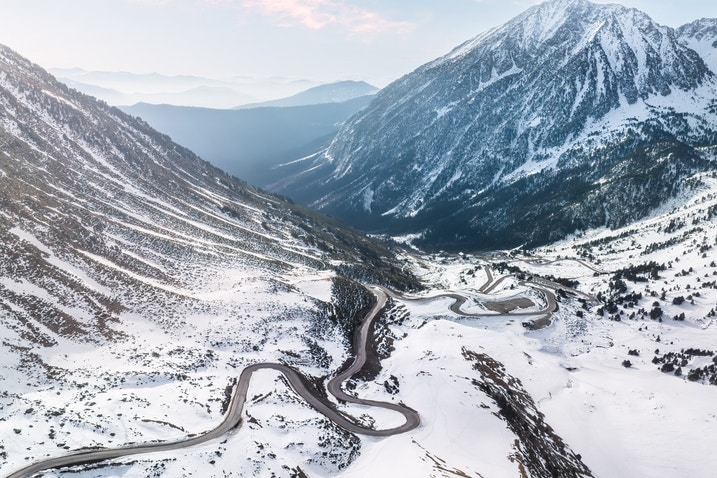 A winding road up through the Pyrenees mountains in east of Spain