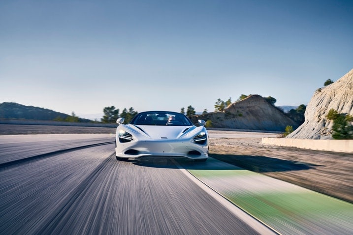 2024 McLaren 750S Spider front on the track