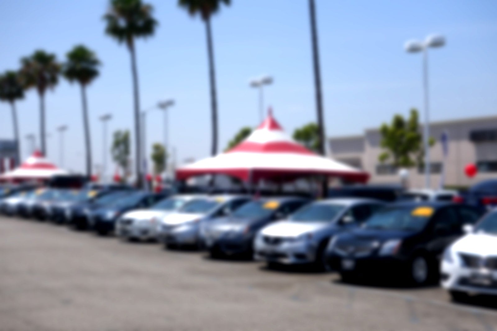 Out of focus image of the lineup of cars at a dealership