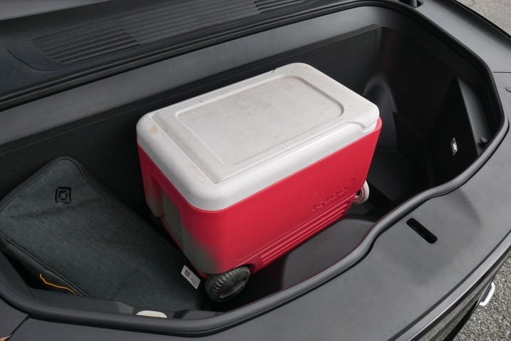 Rivian R1S frunk with a 38 quart cooler in it
