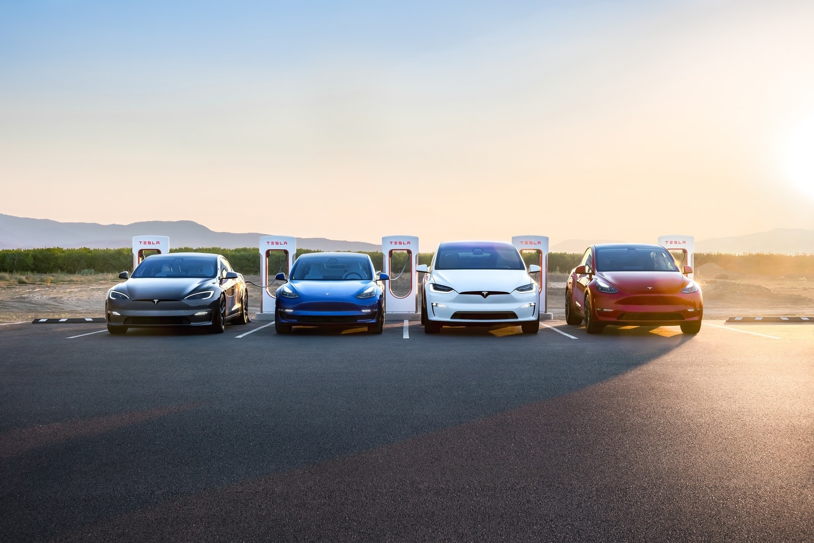 All Tesla models in a front-oriented group photo