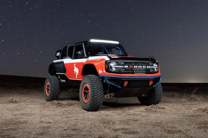 2023 Ford Bronco DR Race Truck night exterior front 3/4