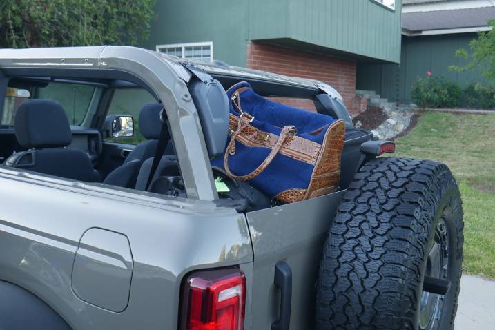 Ford Bronco 2 Door Cargo Test, showing calamitous placement of the Fancy Bag