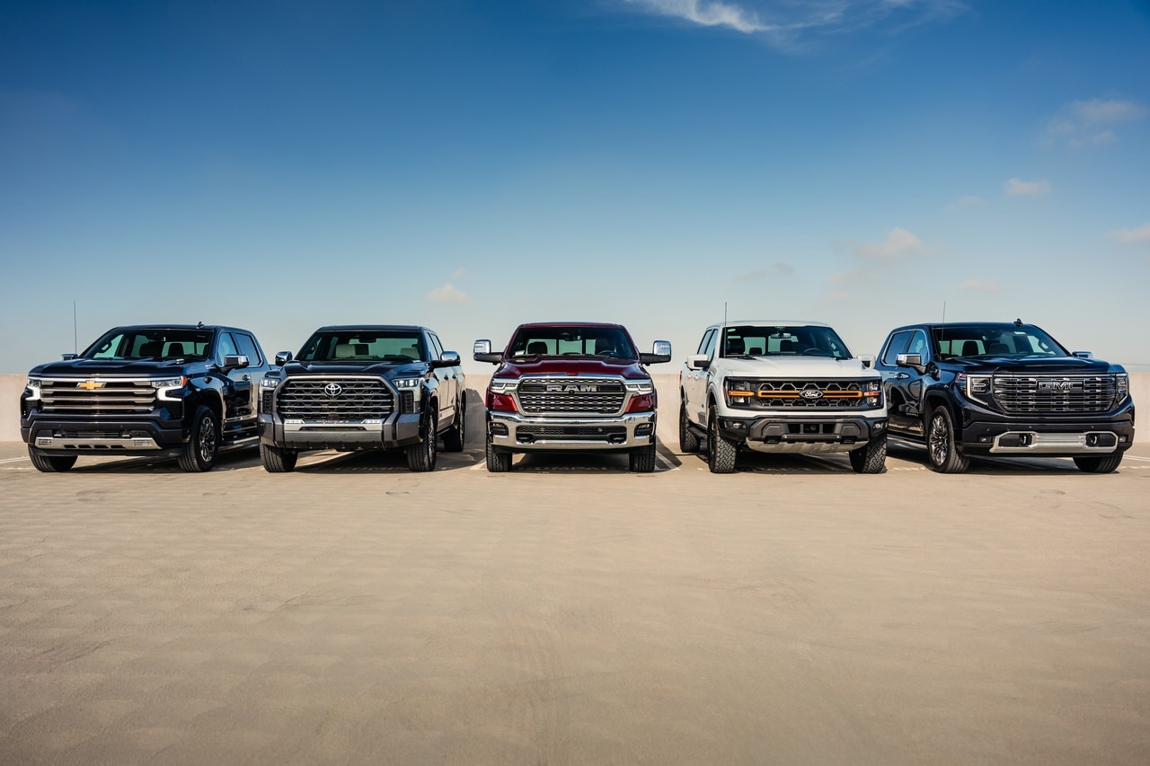 Group photo of full-size trucks that Edmunds is comparing: the Ford F-150, Chevrolet Silverado, Toyota Tundra, Ram 1500 and GMC Sierra