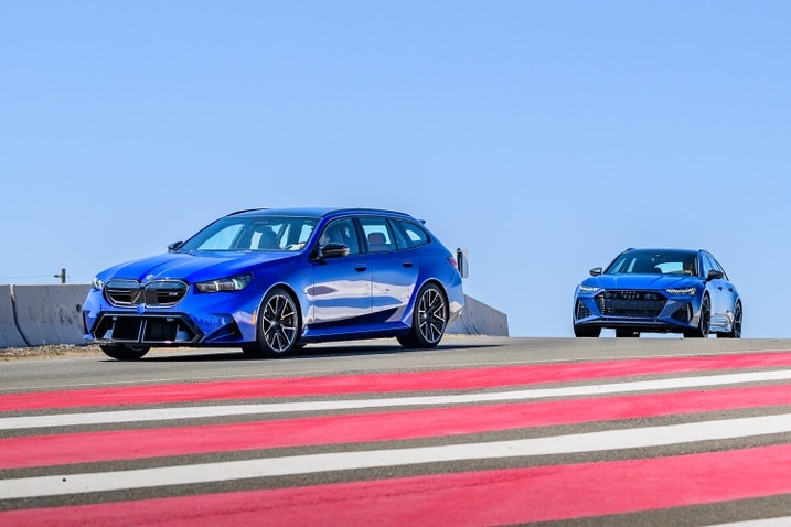 2025 BMW M5 Touring and Audi RS 6 on track side