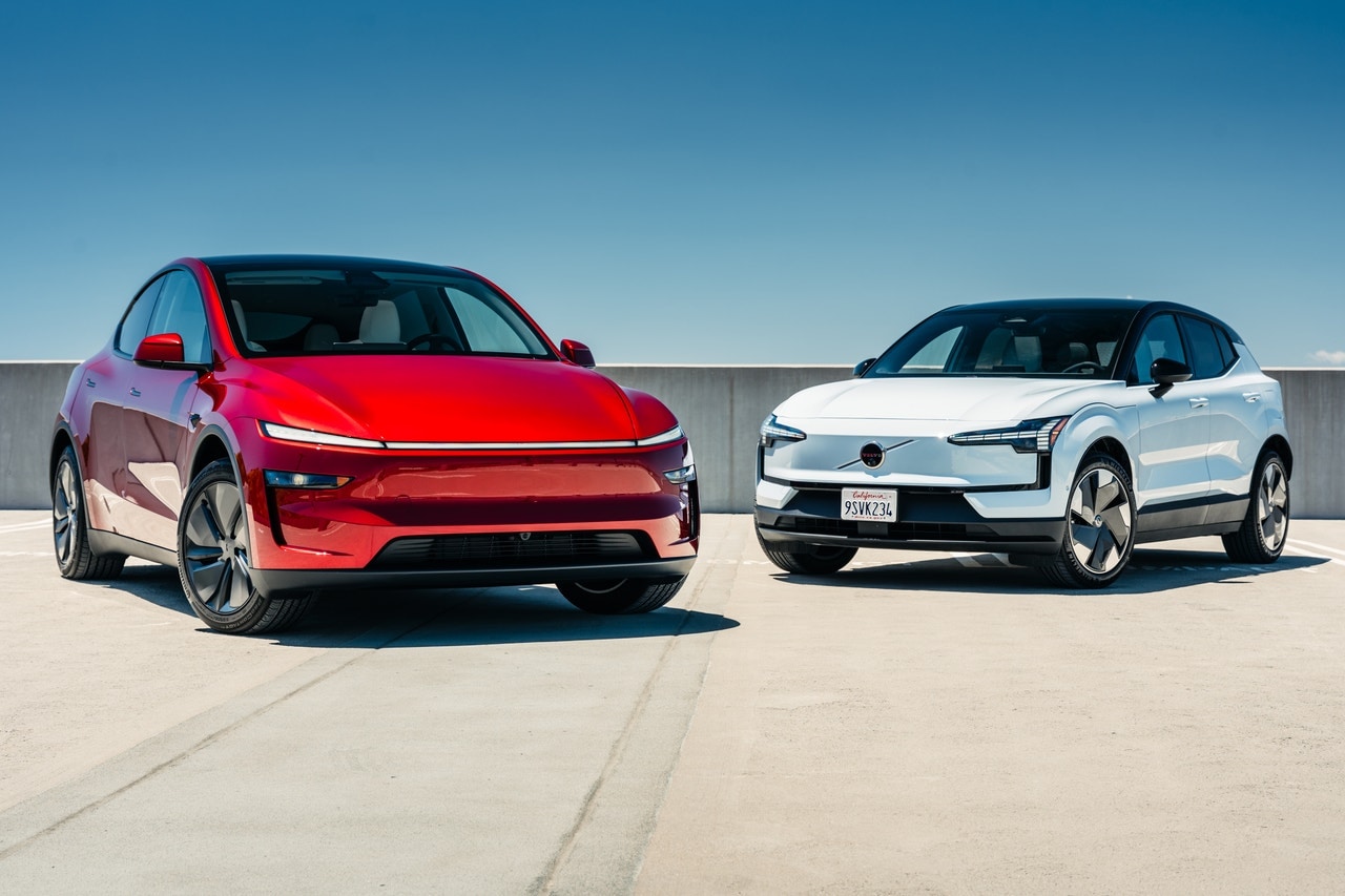 2026 Tesla Model Y and 2025 Volvo EX30 group shot 